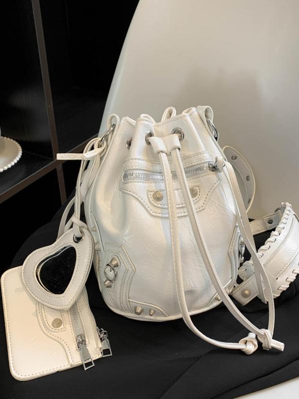 Women's Fashionable Rivet & Heart Decor Bucket Bag & Drawstring Bag, Punk Style Popular New Style, Stylish Personality, Versatile Drawstring Crossbody Bag