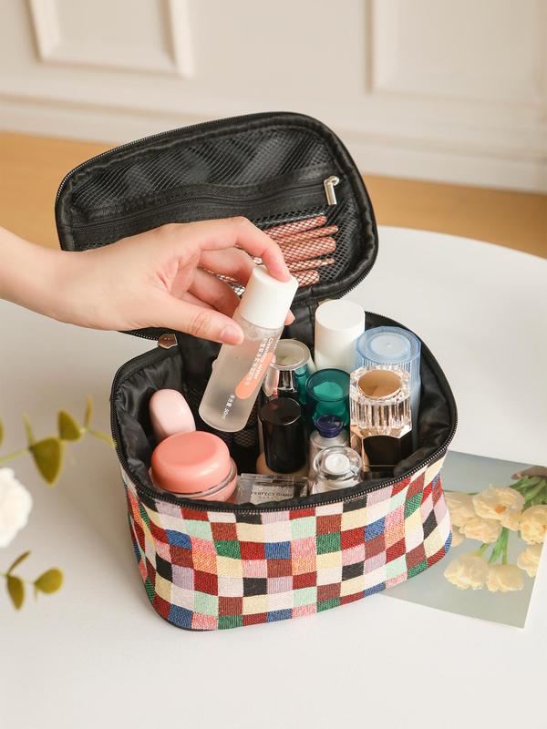 Colorful Plaid Pattern Makeup Bag, Large Capacity Cosmetic Storage Bag, Portable Travel Toiletry Bag, Zipper Makeup Organizer Pouch