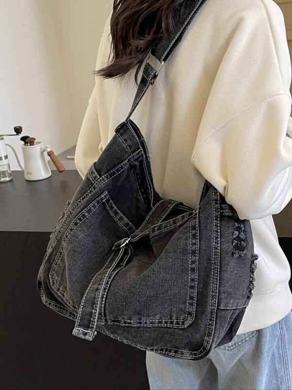 Women's Elegant Denim Tote Bag, Fashionable Large Capacity Lightweight Cloth Bag, Versatile Crossbody Bag for Going Out, Dating, Shopping, Daily Matching, Office, Class