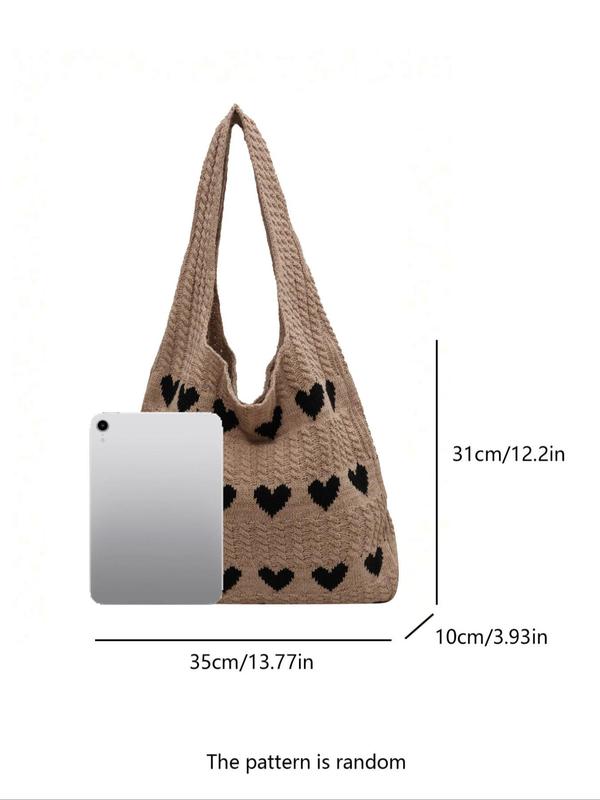 Women's Elegant Heart Pattern Crochet Shoulder Bag, Fashionable Large Capacity Tote Bag for Work & School, Retro Fashion Shoulder Bag for Travel & Vacation