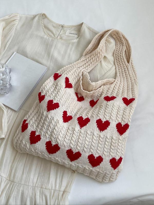 Women's Elegant Heart Pattern Crochet Shoulder Bag, Fashionable Large Capacity Tote Bag for Work & School, Retro Fashion Shoulder Bag for Travel & Vacation