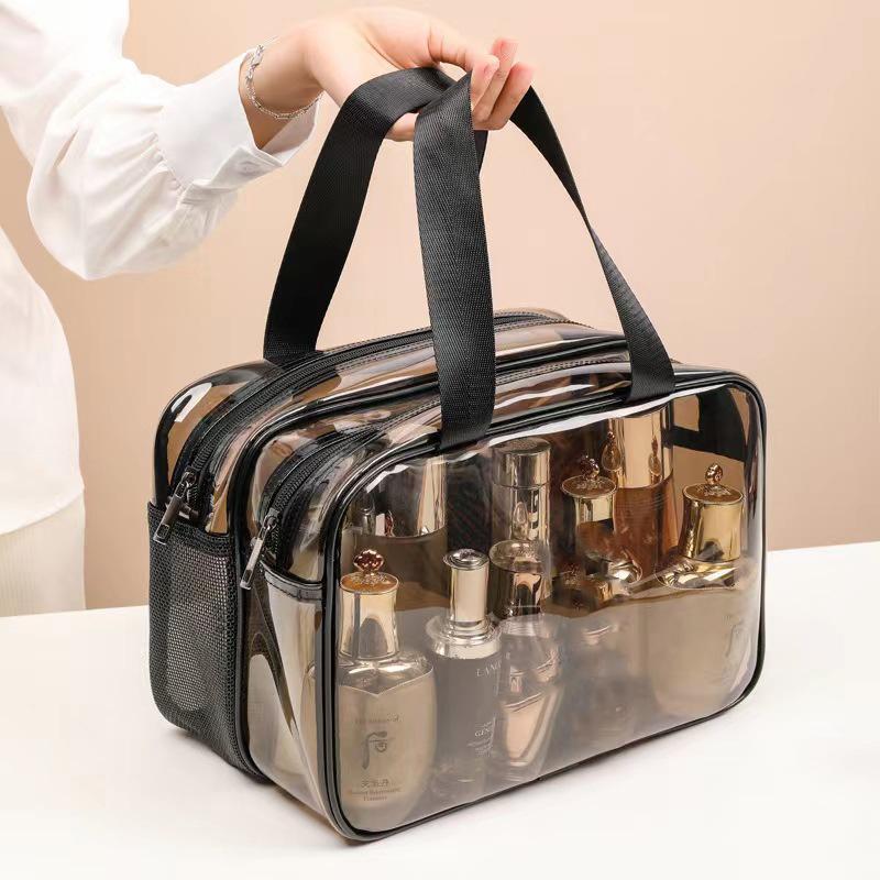 Clear Double-layer Portable Makeup Bag, Dry Wet Separation Large Capacity Travel Cosmetic Storage Bag, Zipper Makeup Organizer Pouch for Women & Girls, Bags Under Nails