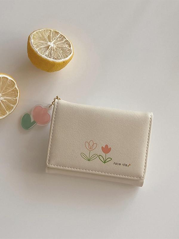 Women's Cute Floral Pattern Short Wallet with Pendant, Casual Simple Multi-card Slots Card Holder, Fashionable Wallet for Daily Use