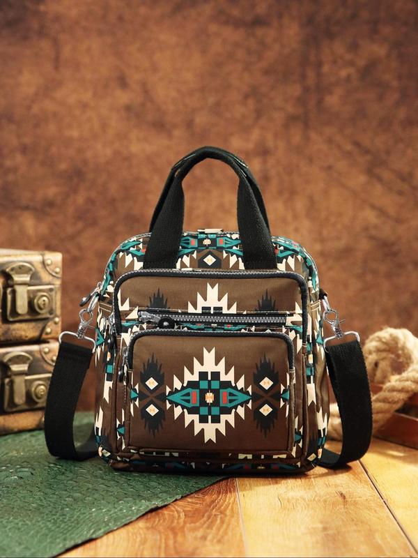 Women's Ethnic Pattern Zipper Crossbody Bag, Boho Style Large Capacity Handbag, Fashionable Crossbody Bag for Daily Use