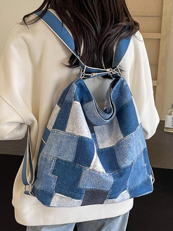 Women's Fashionable Plaid Pattern Tote Bag, 2024 New Style Casual Denim Shoulder Bag for Daily Used, Trendy All-match Bag for Commuters and Students