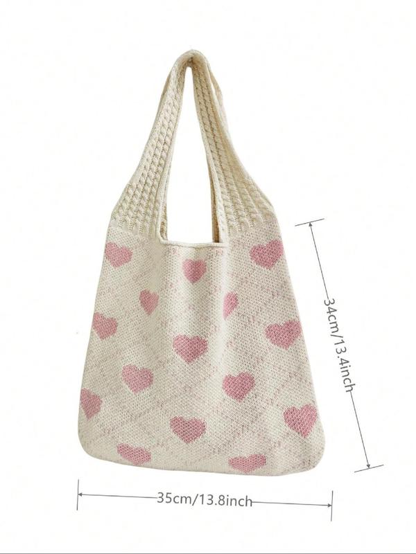 Vintage Crochet Heart Pattern Tote Bag, Casual Knitted Shoulder Bag for Women, Fashionable Heart Pattern Tote Bag for Daily Use