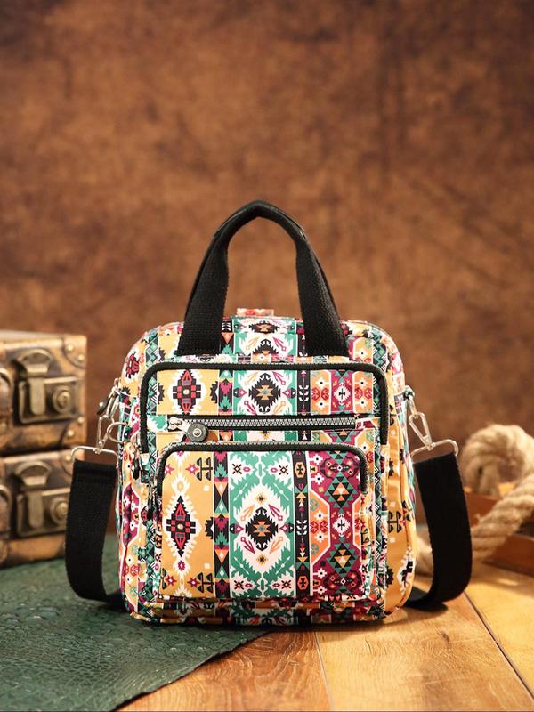 Women's Ethnic Pattern Zipper Crossbody Bag, Boho Style Large Capacity Handbag, Fashionable Crossbody Bag for Daily Use