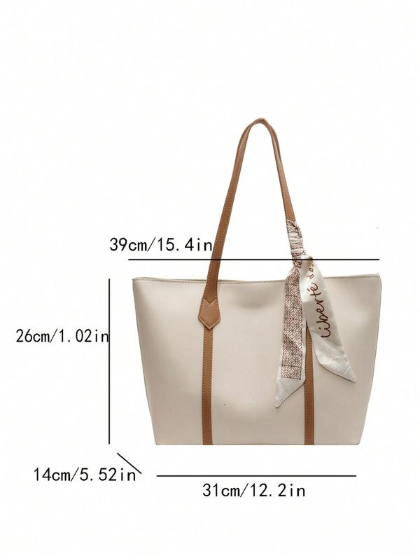 Women's Fashionable Ribbon Decorated Tote Bag, Simple Plain Pu Leather Zipper Shoulder Bag for Women, Large Capacity Handbag for Daily Used