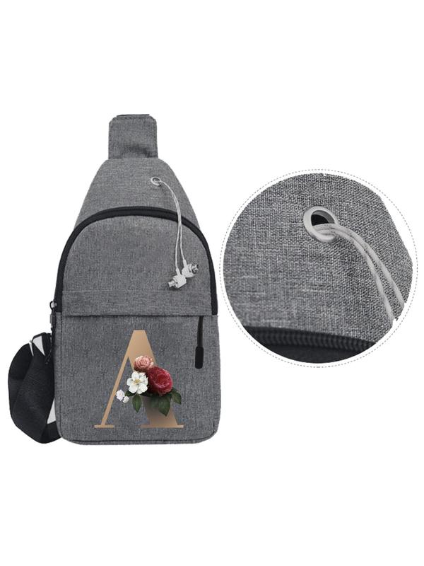 Men's Letter & Flower Pattern Zipper Canvas Sling Bag, Casual Outdoor Sports Chest Pack Bag with Adjustable Strap, Multi-functional Sling Bag