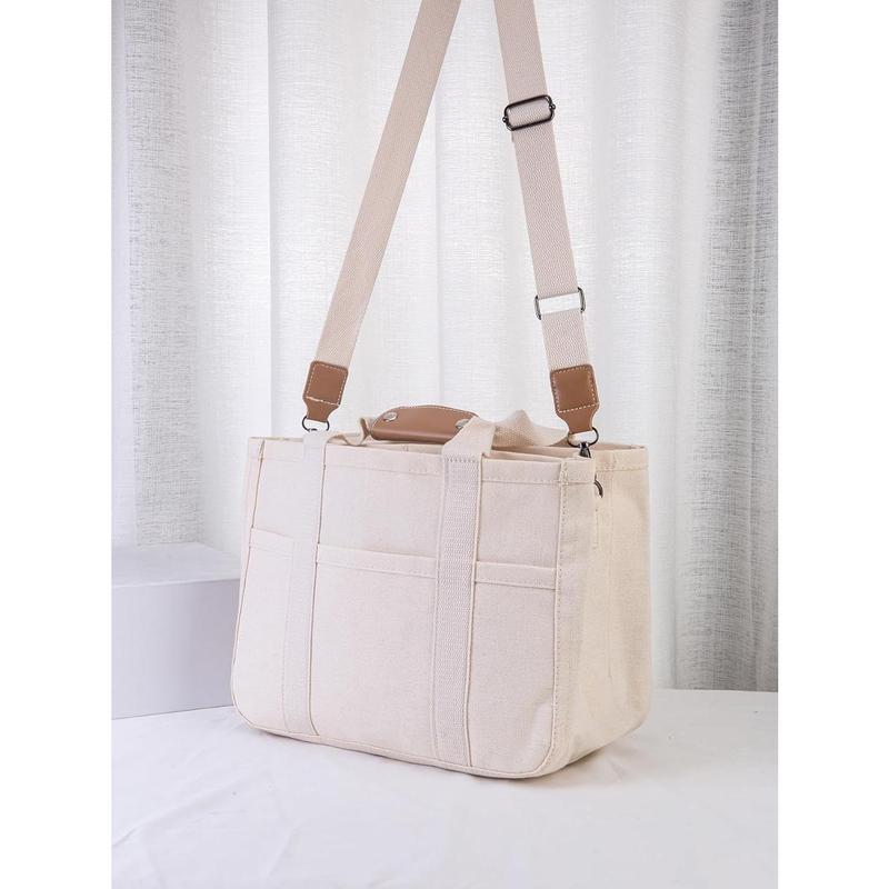 Canvas Tote Bag with Multi Pockets Large Capacity Crossbody Trendy Shoulder Satchel Handbag Small Tote Bag with Compartments