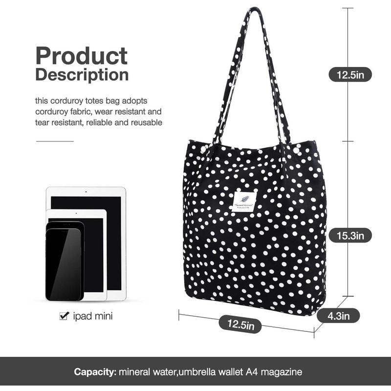 Corduroy Tote Bags for Women, Large Capacity Corduroy Bag Reusable Grocery Shoulder Bag with Inner Pockets