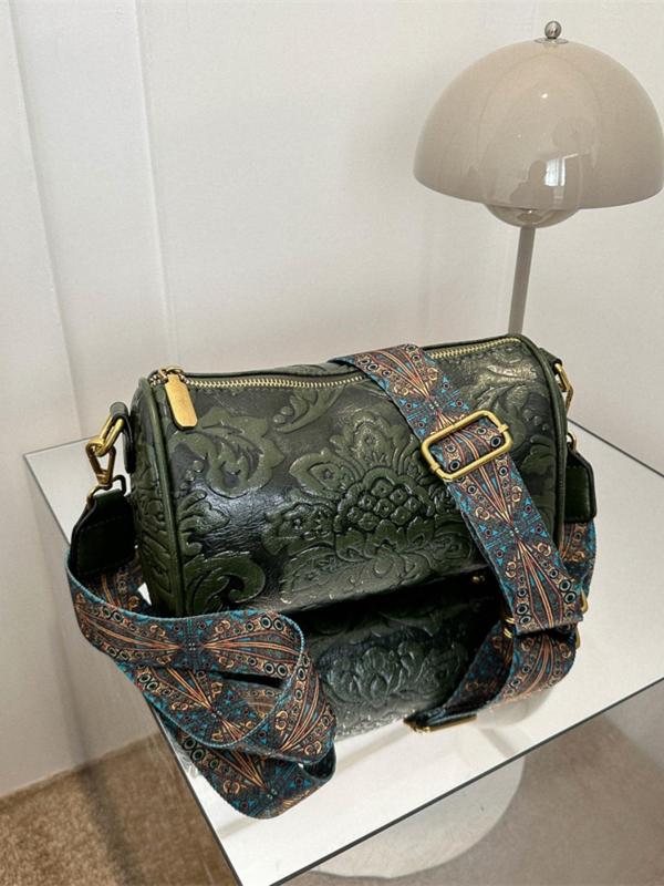 Women's Chinese Ethnic Style Floral Embossed Boston Bag, Fashionable Shoulder Bag, Casual Versatile Crossbody Bag for Daily Used