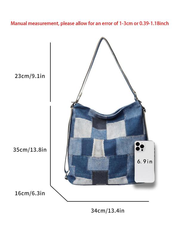 Women's Fashionable Plaid Pattern Tote Bag, 2024 New Style Casual Denim Shoulder Bag for Daily Used, Trendy All-match Bag for Commuters and Students