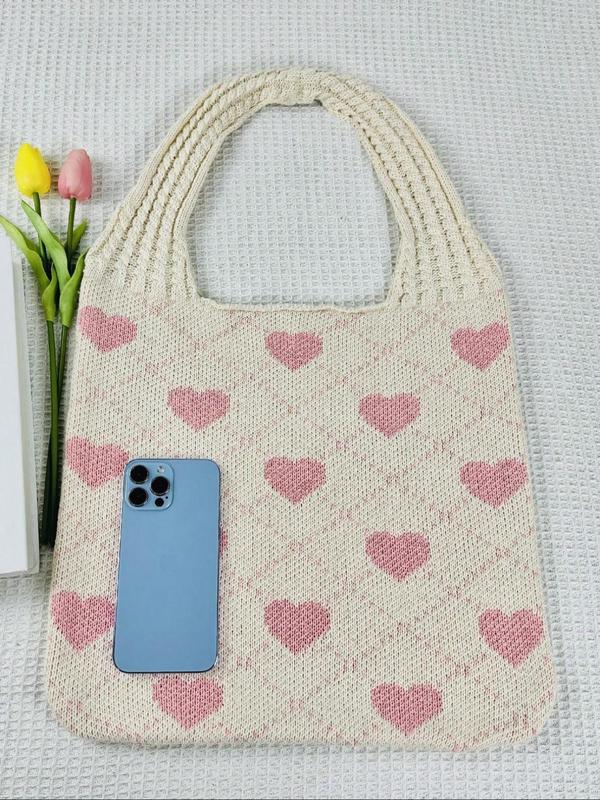 Vintage Crochet Heart Pattern Tote Bag, Casual Knitted Shoulder Bag for Women, Fashionable Heart Pattern Tote Bag for Daily Use