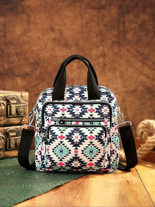 Women's Ethnic Pattern Zipper Crossbody Bag, Boho Style Large Capacity Handbag, Fashionable Crossbody Bag for Daily Use