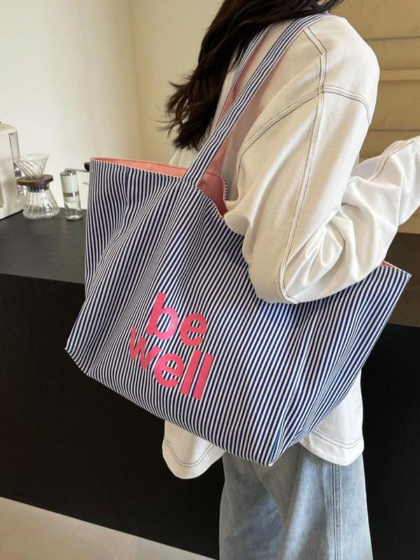 Striped Pattern Letter Design Dual Use Tote Bag, Large Capacity Lightweight Portable Shoulder Bag, Casual Trendy Versatile High-quality Daily Commuting Bag, Girl Fashionable Shopping Bag