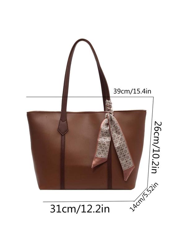 Women's Fashionable Ribbon Decorated Tote Bag, Simple Plain Pu Leather Zipper Shoulder Bag for Women, Large Capacity Handbag for Daily Used