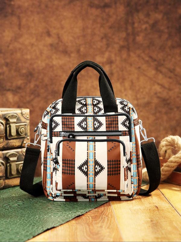 Women's Ethnic Pattern Zipper Crossbody Bag, Boho Style Large Capacity Handbag, Fashionable Crossbody Bag for Daily Use