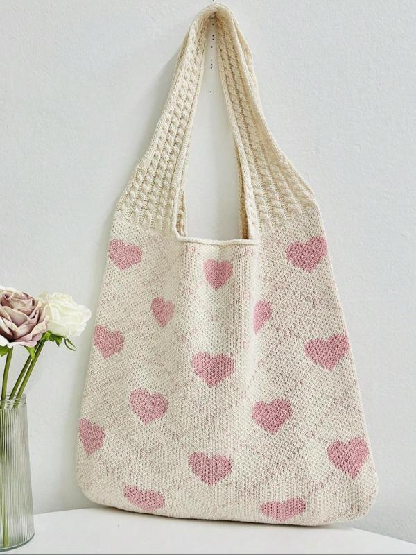 Vintage Crochet Heart Pattern Tote Bag, Casual Knitted Shoulder Bag for Women, Fashionable Heart Pattern Tote Bag for Daily Use