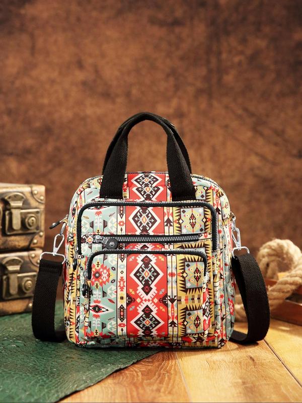 Women's Ethnic Pattern Zipper Crossbody Bag, Boho Style Large Capacity Handbag, Fashionable Crossbody Bag for Daily Use