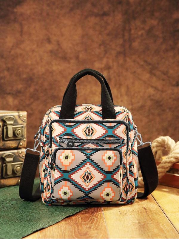 Women's Ethnic Pattern Zipper Crossbody Bag, Boho Style Large Capacity Handbag, Fashionable Crossbody Bag for Daily Use