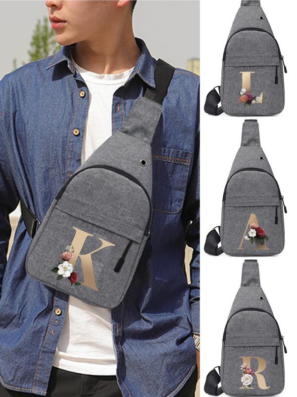 Men's Letter & Flower Pattern Zipper Canvas Sling Bag, Casual Outdoor Sports Chest Pack Bag with Adjustable Strap, Multi-functional Sling Bag