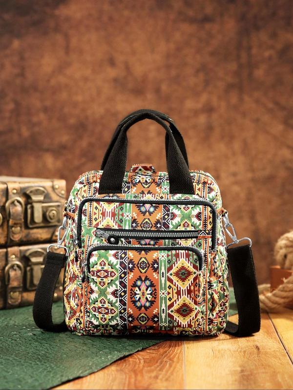 Women's Ethnic Pattern Zipper Crossbody Bag, Boho Style Large Capacity Handbag, Fashionable Crossbody Bag for Daily Use