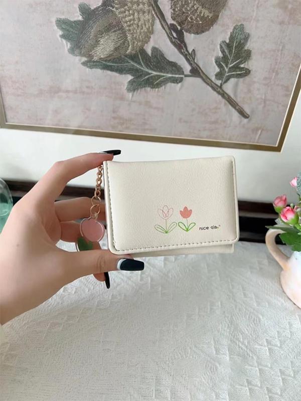 Women's Cute Floral Pattern Short Wallet with Pendant, Casual Simple Multi-card Slots Card Holder, Fashionable Wallet for Daily Use