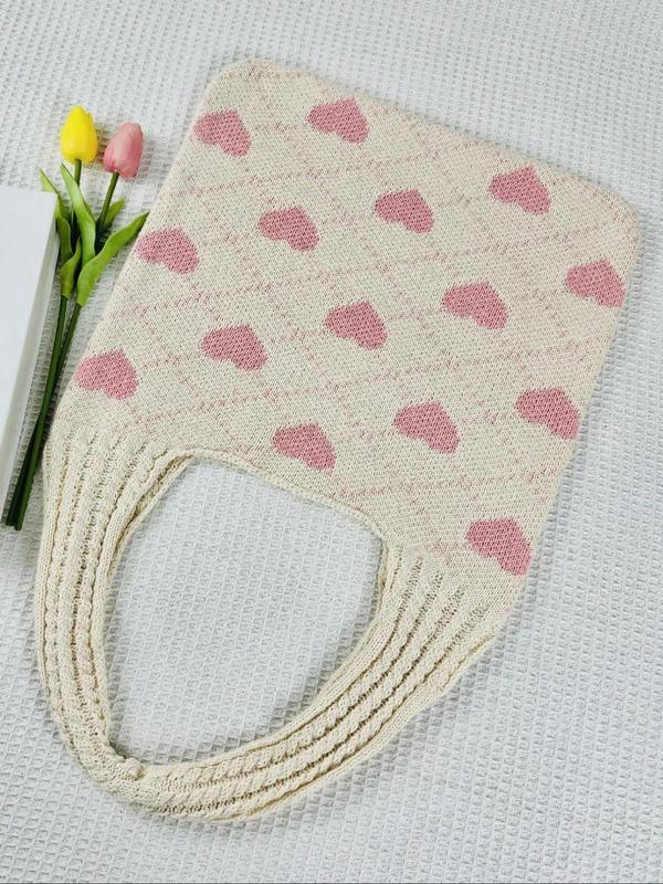 Vintage Crochet Heart Pattern Tote Bag, Casual Knitted Shoulder Bag for Women, Fashionable Heart Pattern Tote Bag for Daily Use