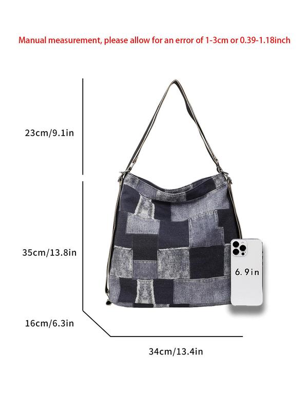 Women's Fashionable Plaid Pattern Tote Bag, 2024 New Style Casual Denim Shoulder Bag for Daily Used, Trendy All-match Bag for Commuters and Students