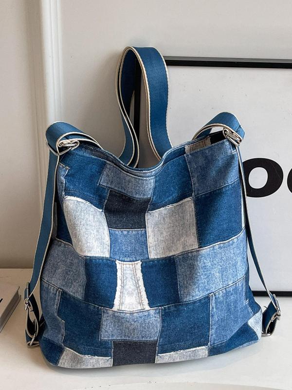 Women's Fashionable Plaid Pattern Tote Bag, 2024 New Style Casual Denim Shoulder Bag for Daily Used, Trendy All-match Bag for Commuters and Students