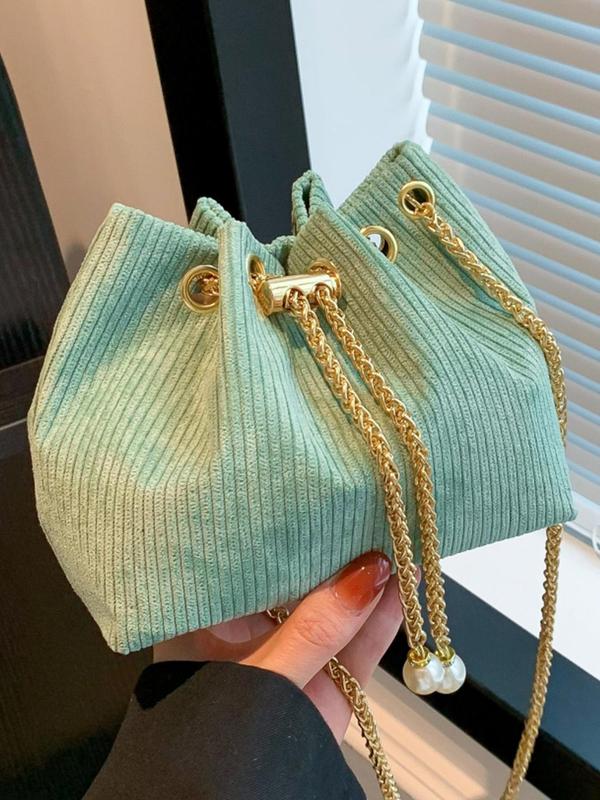 Women's Fashionable Faux Pearl Chain Design Corduroy Drawstring Crossbody Bag, Casual Solid Color Shoulder Bag for Daily Used, Trendy All-match Commuter Bag