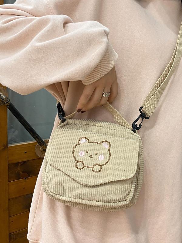 Cute Cartoon Bear Pattern Corduroy Handbag,  Casual Zipper Design with Pocket for Women & Girls, Trendy Versatile High-quality Daily Commuting Bag