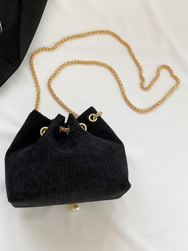 Women's Fashionable Faux Pearl Chain Design Corduroy Drawstring Crossbody Bag, Casual Solid Color Shoulder Bag for Daily Used, Trendy All-match Commuter Bag