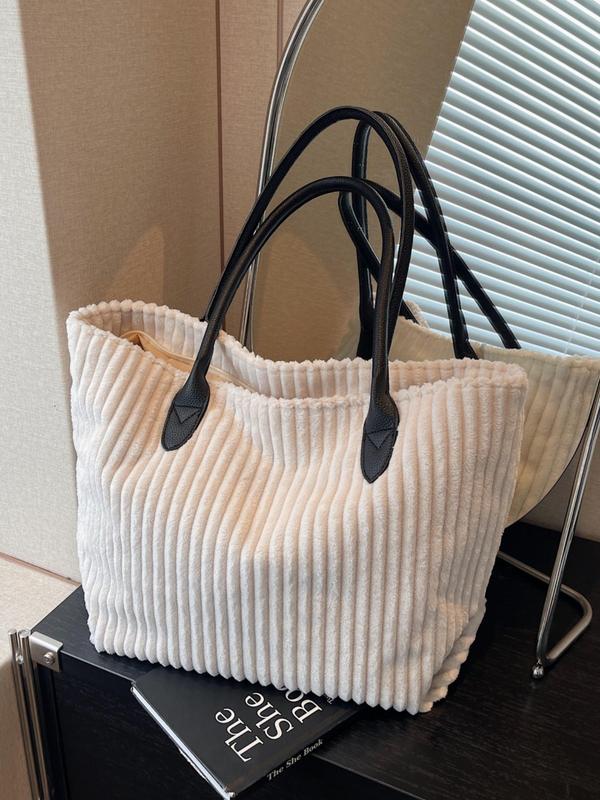 Women's Solid Color Corduroy Tote Bag, Large Capacity Shoulder Bag for Daily Used, Casual Trendy Versatile High-quality Daily Commuting Bag, Girl Fashionable Shopping Bag