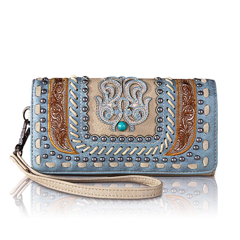 Montana West Embroidered Women Wallet Snap-enclosed Wristlet Clutch with Multi Slots for Credit Cards Suitable for Dating Banquet