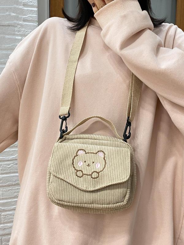 Cute Cartoon Bear Pattern Corduroy Handbag,  Casual Zipper Design with Pocket for Women & Girls, Trendy Versatile High-quality Daily Commuting Bag