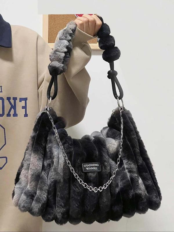 Women's Ombre Plush Shoulder Bag, Fashionable Chain Decor Fluffy Underarm Bag for Daily Used, Casual Trendy Versatile High-quality Daily Commuting Bag