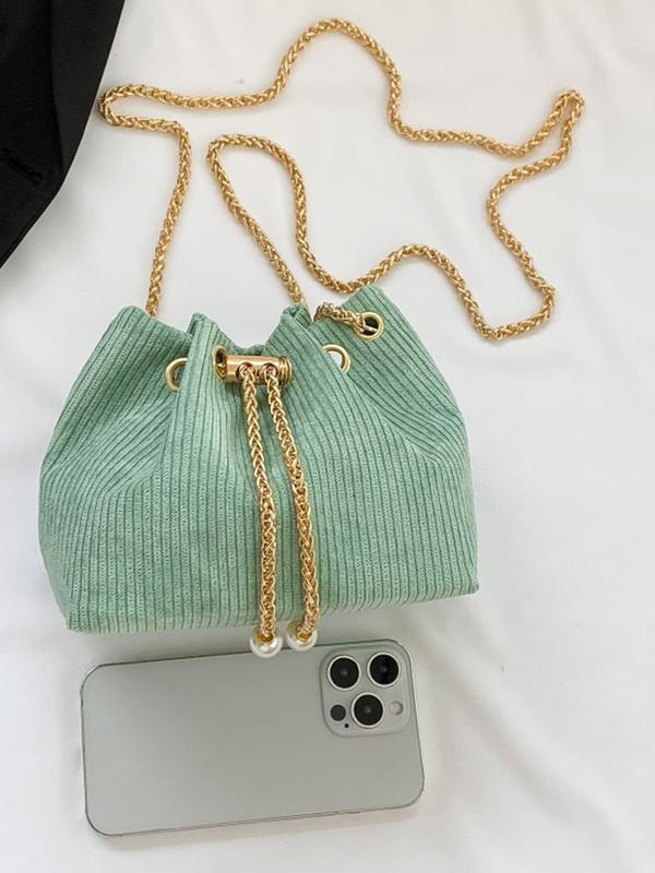 Women's Fashionable Faux Pearl Chain Design Corduroy Drawstring Crossbody Bag, Casual Solid Color Shoulder Bag for Daily Used, Trendy All-match Commuter Bag