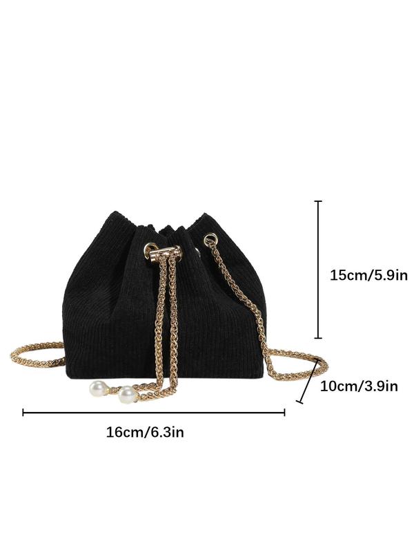 Women's Fashionable Faux Pearl Chain Design Corduroy Drawstring Crossbody Bag, Casual Solid Color Shoulder Bag for Daily Used, Trendy All-match Commuter Bag