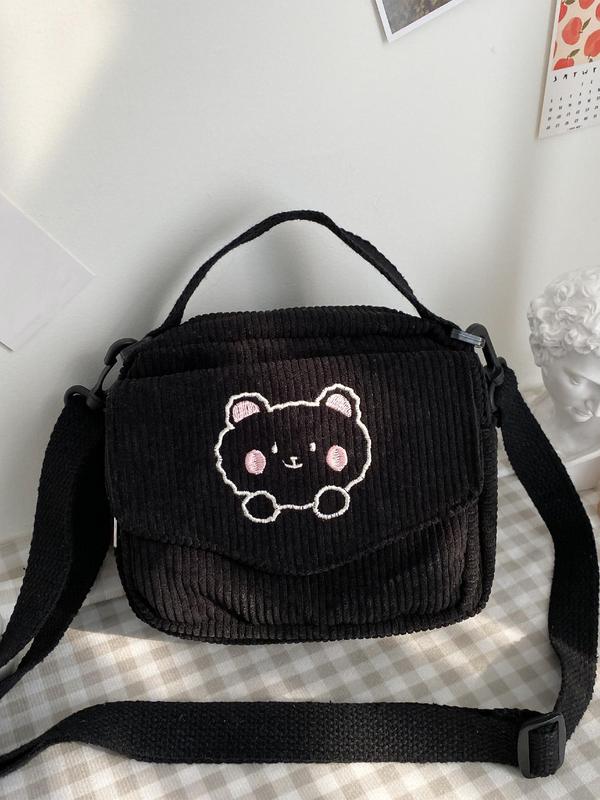 Cute Cartoon Bear Pattern Corduroy Handbag,  Casual Zipper Design with Pocket for Women & Girls, Trendy Versatile High-quality Daily Commuting Bag