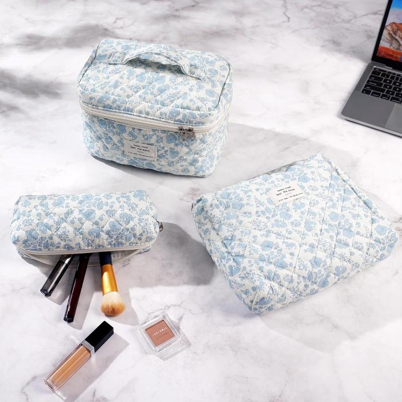 Quilted Makeup Bag Set, 3 count Cotton Floral Makeup Bag, Large Toiletry Travel  Bag for Women