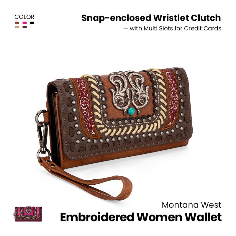 Montana West Embroidered Women Wallet Snap-enclosed Wristlet Clutch with Multi Slots for Credit Cards Suitable for Dating Banquet