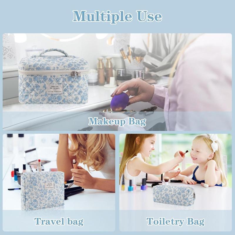 Quilted Makeup Bag Set, 3 count Cotton Floral Makeup Bag, Large Toiletry Travel  Bag for Women