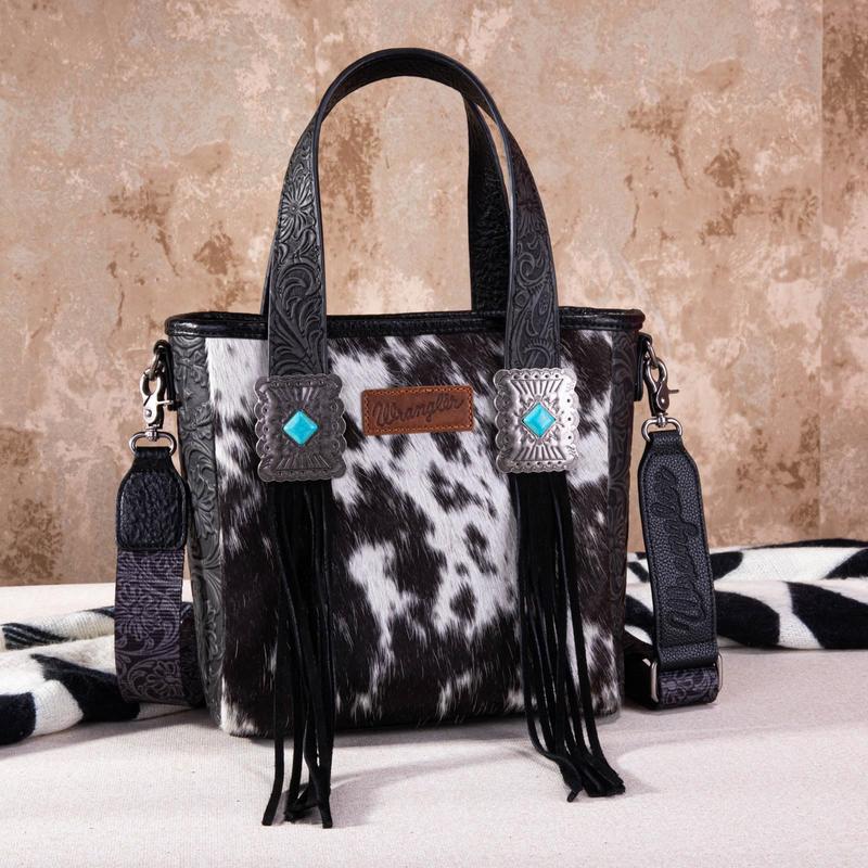 Wrangler Hair-On Cowhide Tote Bag for Women Western Handbag Floral Tooling Patterns