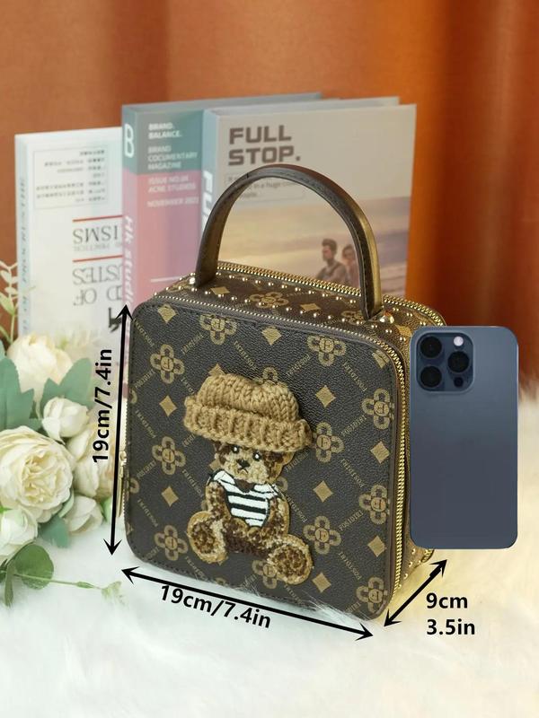 Women's Cute Cartoon Bear Pattern Handbag, PU Leather Crossbody Bag with Studded Decor, Female All-match Square Bag for Daily Used