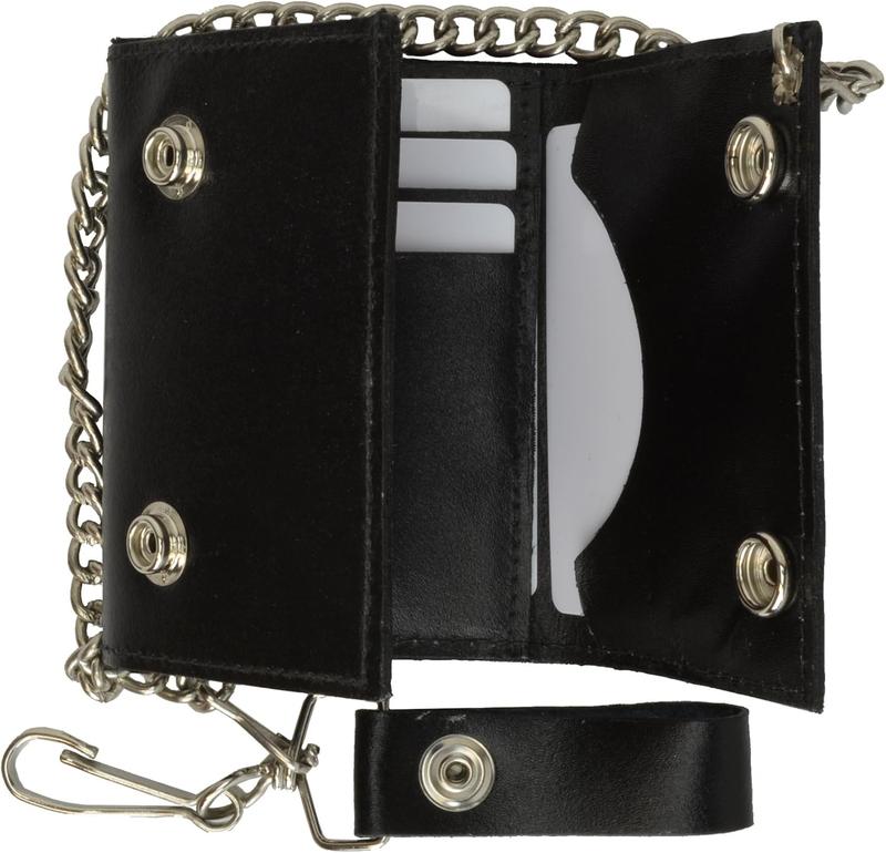 BLACK GENUINE LEATHER Trifold Biker's Wallet ID Card Holder w Chain Skull