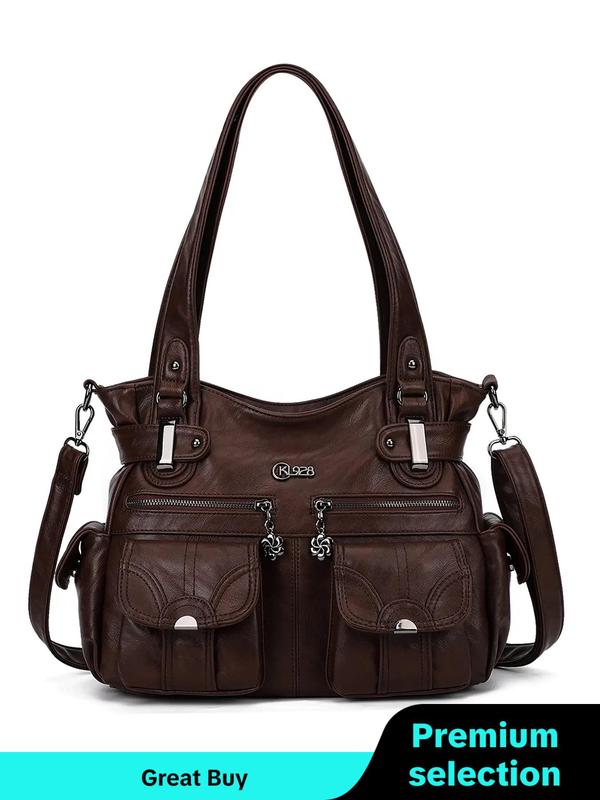 Women's Fashionable Soft PU Leather Multi-pocket Tote Bag, Solid Color Large Shoulder Bag, Handbags for Women, Casual Versatile Crossbody Bag for Daily Used, Tote Bag for College