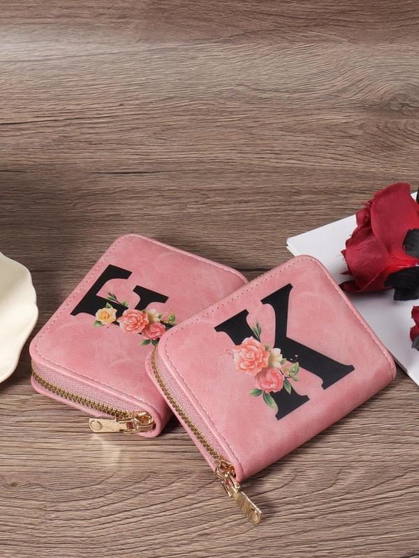 Women's Letter & Floral Pattern Zipper Card Holder, Large Capacity Multi Card Holder Wallet, Casual Dual Zipper Card Holder for Women & Girls