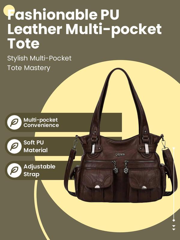 Women's Fashionable Soft PU Leather Multi-pocket Tote Bag, Solid Color Large Shoulder Bag, Handbags for Women, Casual Versatile Crossbody Bag for Daily Used, Tote Bag for College